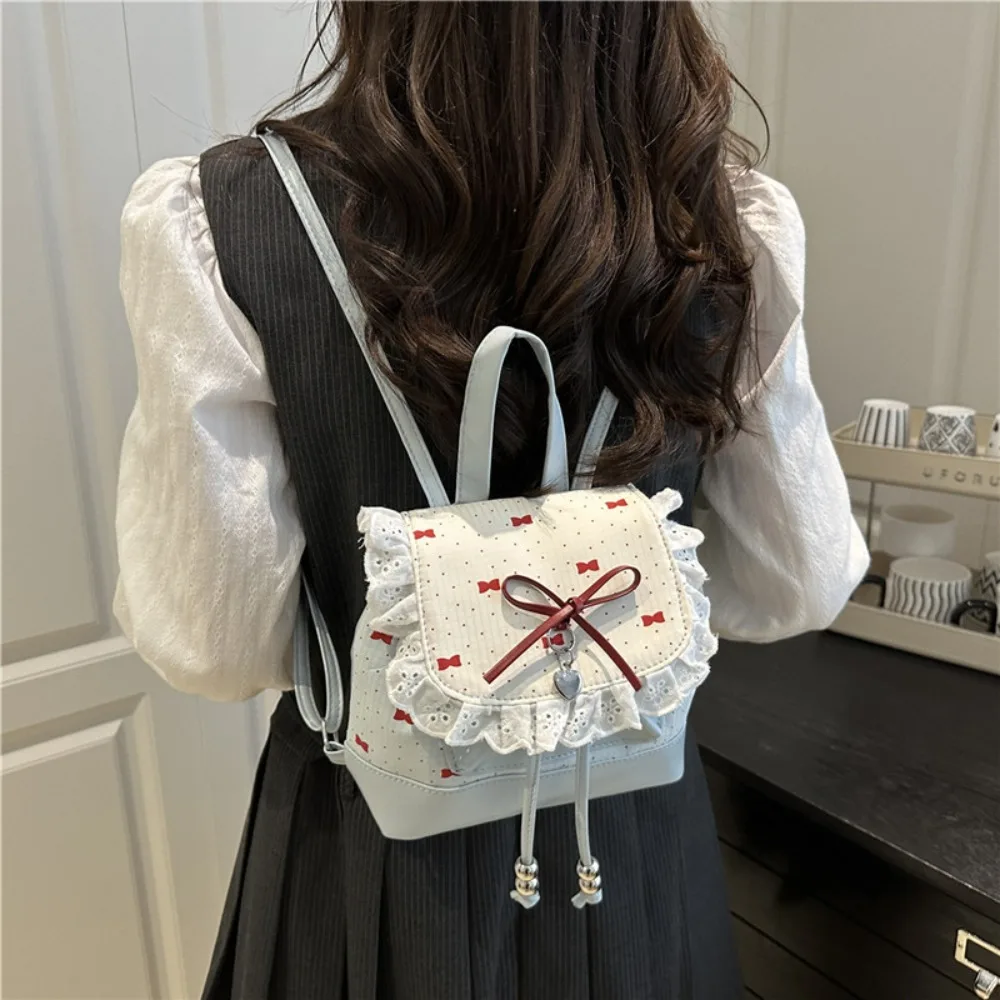 Fashion Lace Trim Butterfly Knot Backpack Polka Dot Sweet Bow Mini Backpack Lightweight Small Book Bag Women