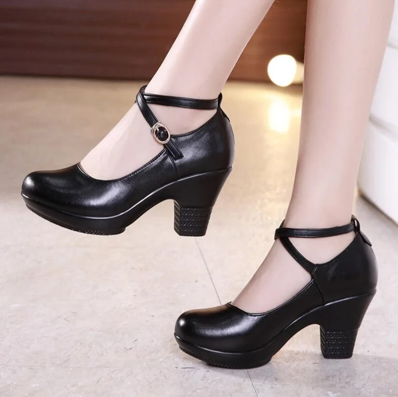 

Women 7cm Small Size 32-43 Genuine Leather Shoes Med Block Heels Platform Shoes for Office Model Dance Mom