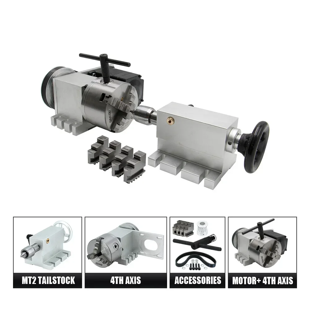 EU Ship 4th Axis Rotary Kit Nema34 4.5Nm Close Loop Stepper Motor Ratio (4:1) K12-100mm 4-Jaw Sanou Chuck+mt2 Tailstock For CNC