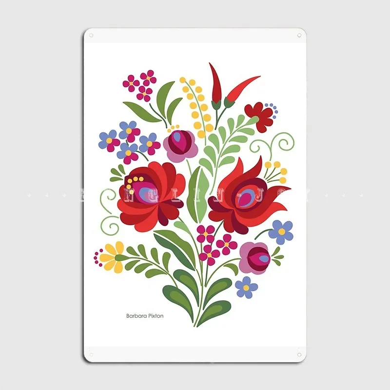 Hungarian Folk Design Red Peppers On White Metal Sign Pub Club Bar Designing Plates Tin Sign Poster