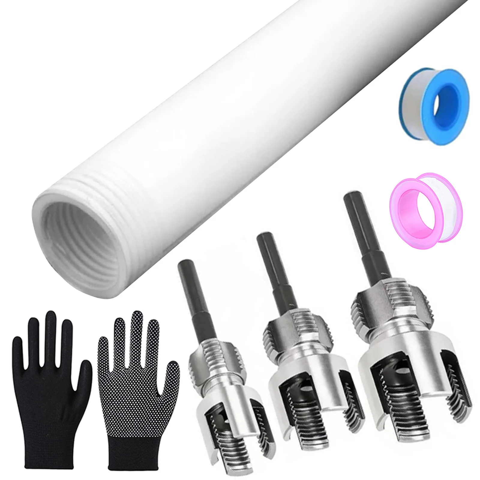 Pipe Threader Set with Sealing Tape& Gloves Pipe Thread Cutting Tool for 1/2 & 3/4 & 1in PVC/Plastic for Water Pipe Repair