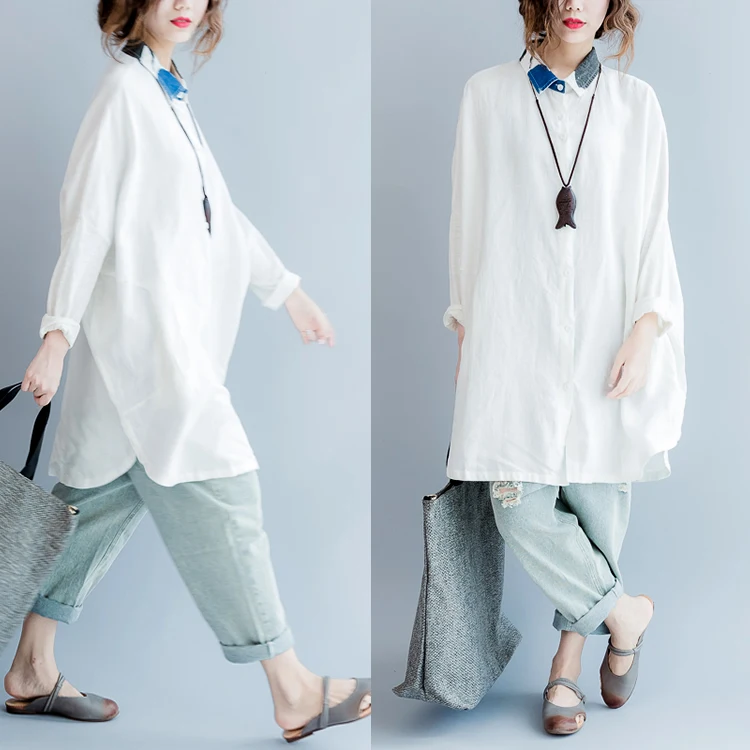 GetSpring Women Shirt 2024 Autumn Color Matching Full Sleeve Linen White Shirt Fashion All Match Loose Casual Long Female Tops