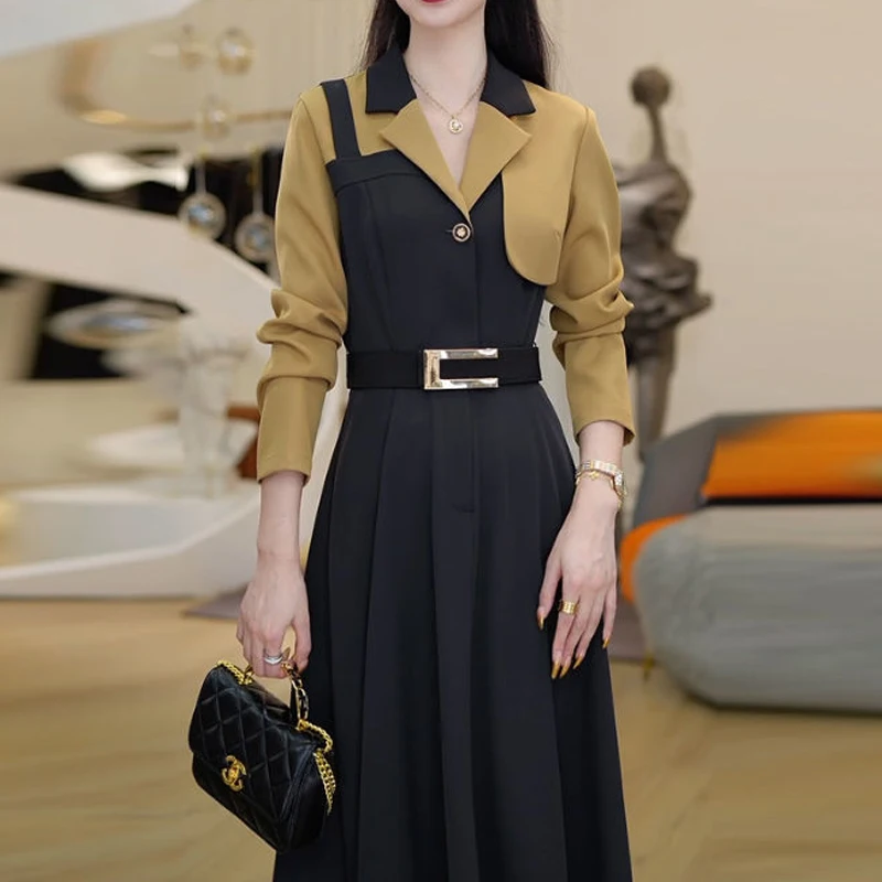 

Spring Autumn New Contrast Color Midi Dress Women V-neck Long Sleeve Fashion Dresses Vintage Elegant Button Patchwork Vestidos