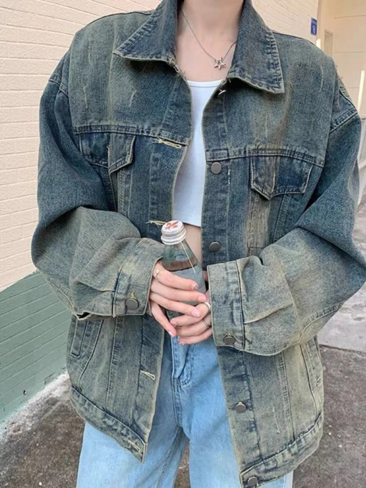 Giacca di jeans da donna con strass effetto lavato vintage - Capispalla moda primavera/autunno stile abbigliamento da lavoro casual vestibilità ampia