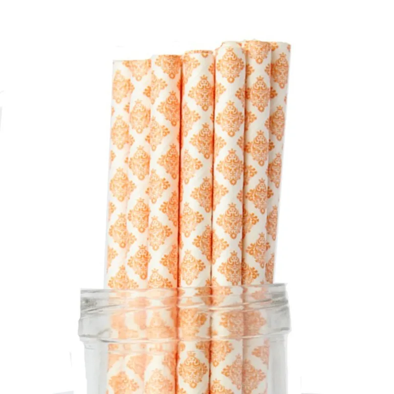 100 Pcs Orange Damask Paper Straws,Halloween Autumn Fall Thanksgiving Party Decorative Drinking Mason Jar Cake Pop Sticks Bulk