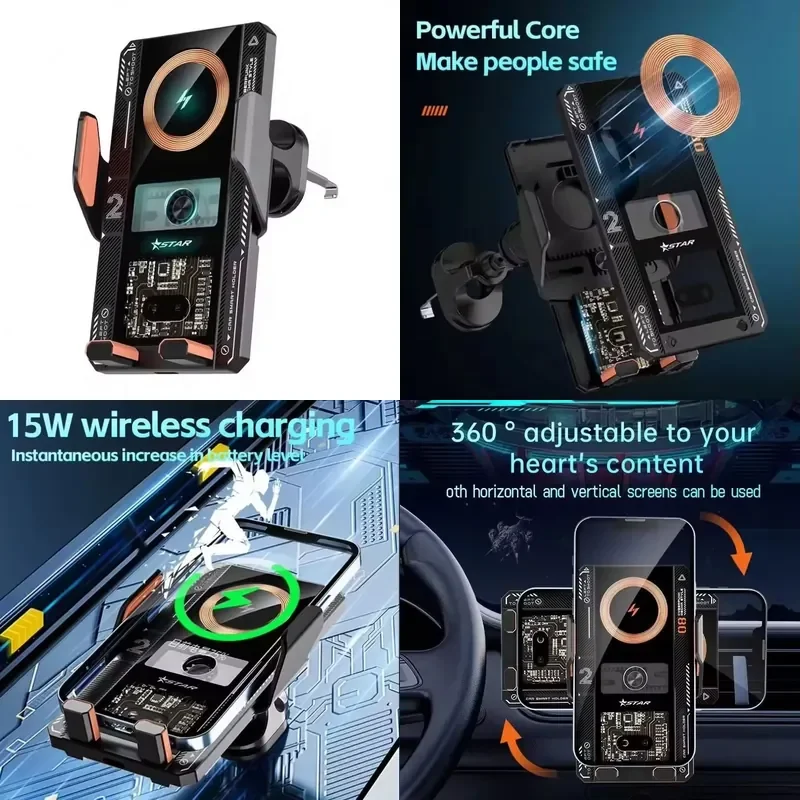 2026 Cyberpunk Transparent T8 15W Fast Car Wireless Charger Automatic Clamp Mount with LED Logo