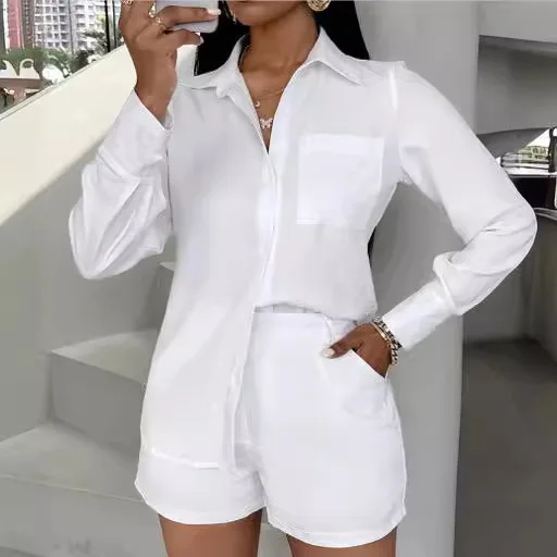 Short Pant Sets Women Solid Two Piece Set Shirt Tops Turn Down Collar Full Sleeve High Waist Pants Casual Elegant Splice 2024