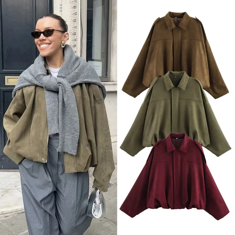 

Women Green Suede Jacket 2025 New Spring Fashion Long Sleeve Zipper Oversize Bomber Coat Chic Female High Street Outerwear