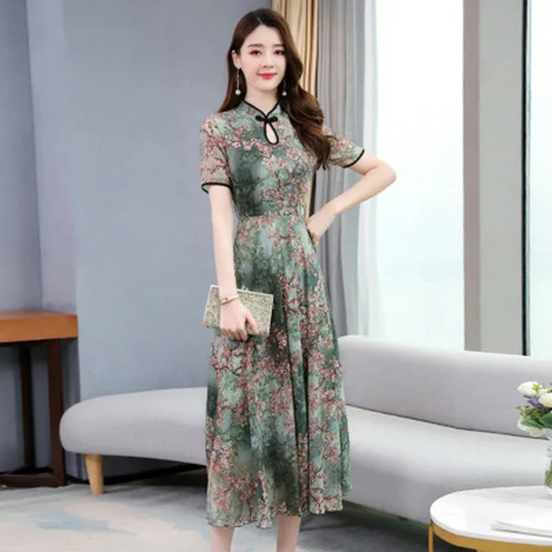 Chinese Cheongsam Stijl Mode Vrouwen Bloemenprint Jurk Vintage Korte Mouw Casual Elegante Bloemenfeestjurk Cadeau Voor Meisje