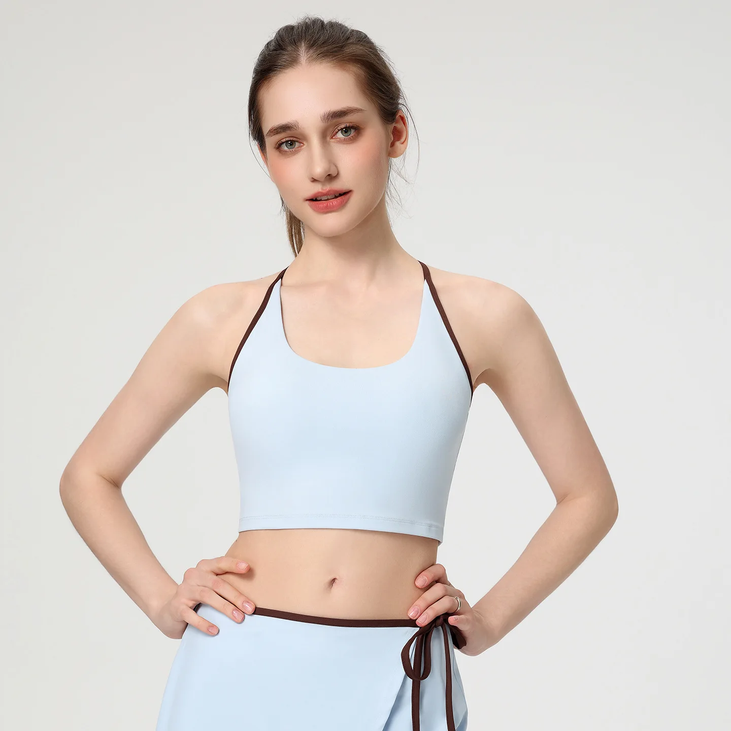 Women Light Blue Y-Back Sports Bra, Contrast Brown Straps Workout Top, Fixed Cups Yoga Bra