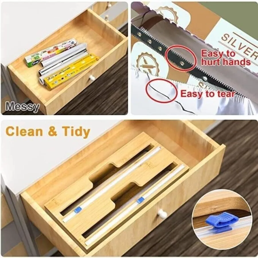 منظم لف من الخيزران الفاخر مع قاطع منزلق 2 في 1 صندوق توزيع للرقائق والبلاستيكية، هيكل متين من الخيزران يناسب S #3