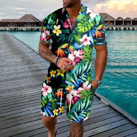Hawaiian Shirt Flamingo Coconut Tree 3d Print Short Sleeve Shirt+Shorts 2Pcs Set Casual Beachwear Vacation Suits Men Clothing