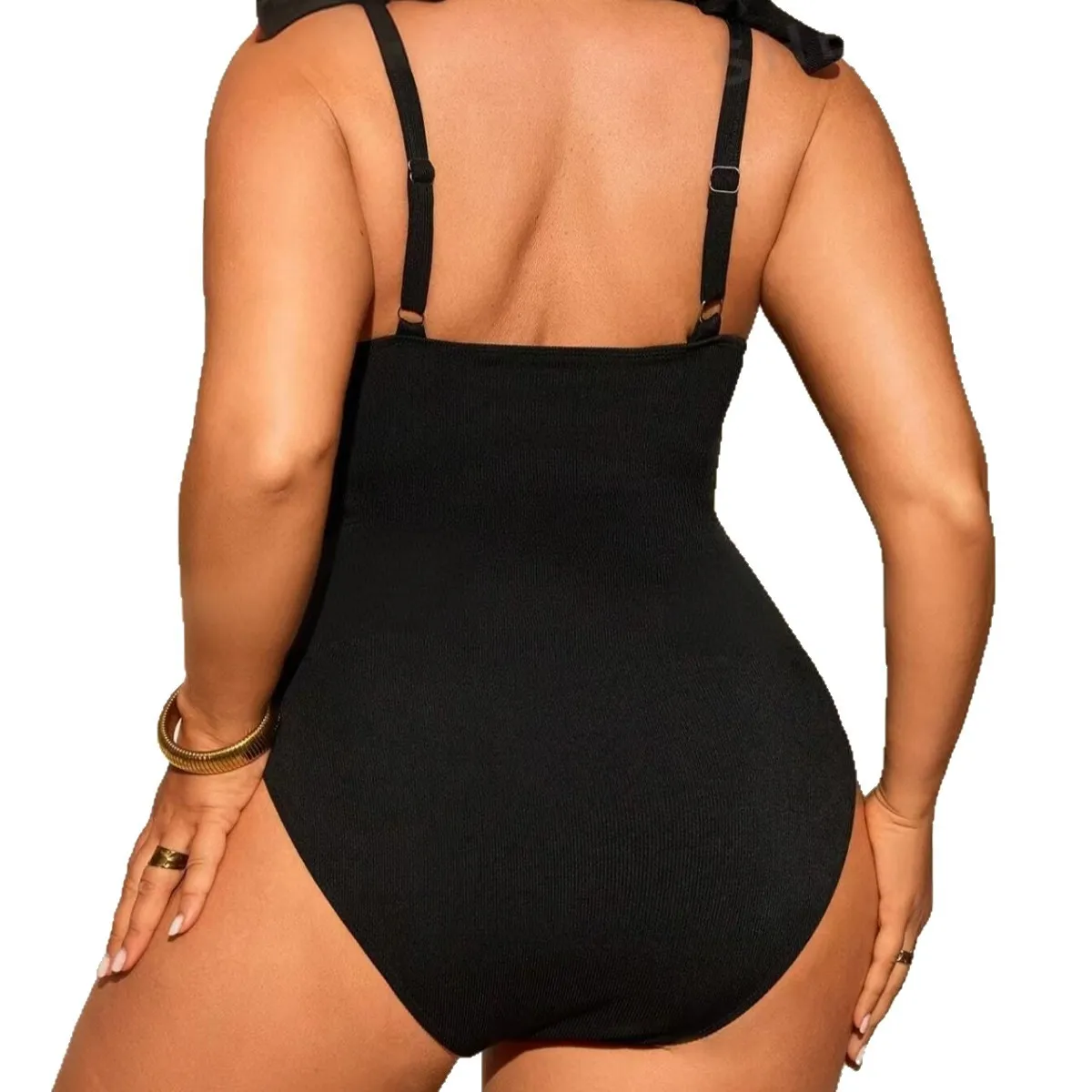Plus Size One Piece Swimsuit for Women V Notch Square Neck Bow Shoulder Strap Ruched Tummy Control Bathing Suit Solid Black