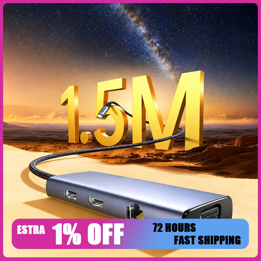 UGREEN 25360 9-in-1 USB-C Hub with 1.5m Cable, 4K 30Hz HDMI, 1080p VGA, Gigabit Ethernet, 3 USB 3.0, SD/TF Reader, 100W PD