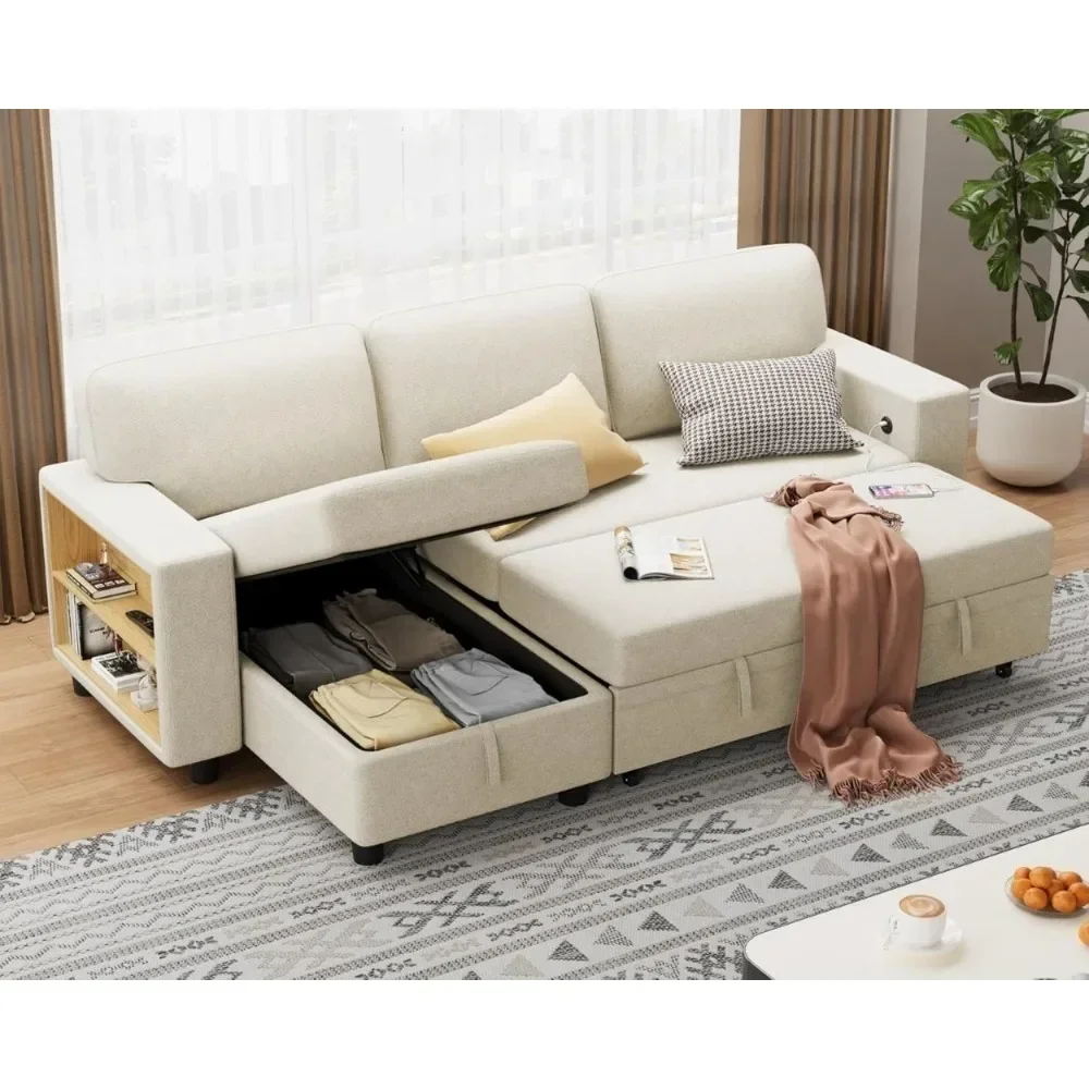 

Sleeper Sofa, Sofa Bed with Built-in Large Storage and 2 Bookshelves, Convertible Sectional Sofa Couch, Pull Out Couch with USB