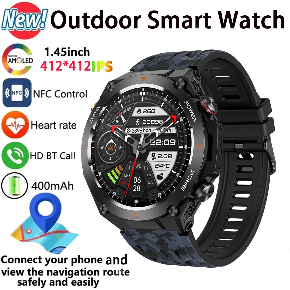 Outdoor Smart Watch With Built-in GPS Bluetooth Communication Heart Rate Health Monitoring 1ATM Waterproof Fitness Smartwatches