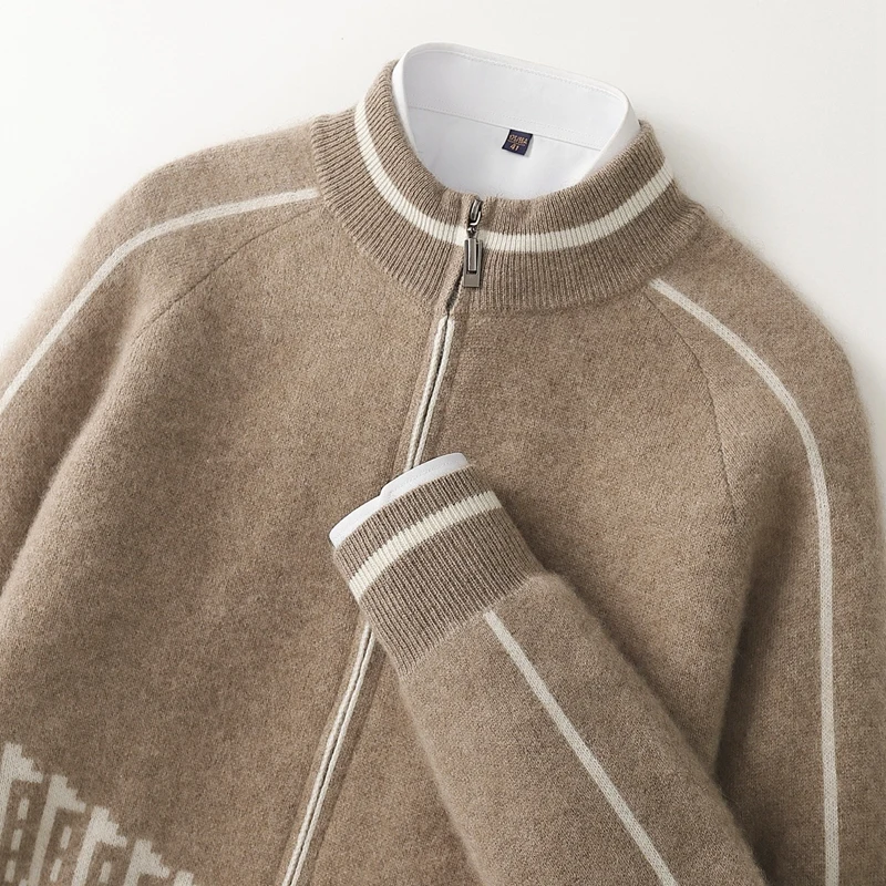 

Autumn Winter Men Zipper Cashmere Cardigan Thick Long Sleeve Sweater Coat Smart Casual Jacquard Clothing 100% Cashmere Knitwear