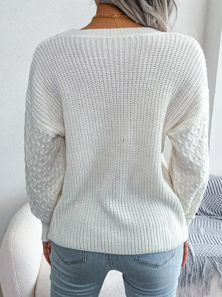 2024 Autumn Winter Casual Lantern Long Sleeved Knitted Sweater Fashion Army Green Round Neck Sweater Elegant Knitted Pullover
