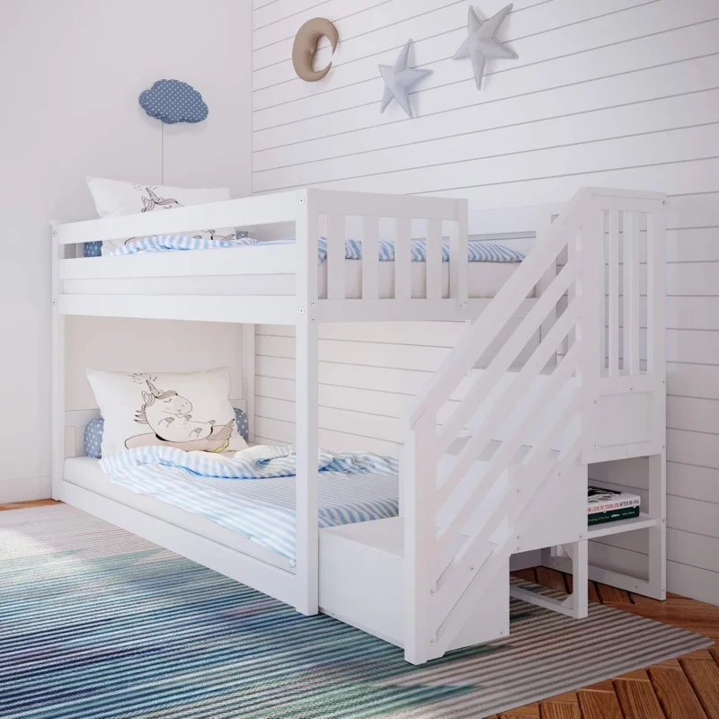 

White Low Twin-Over-Twin Bunk Bed with Stairs – Space-Saving Frame Kids, Safety Guardrails, No Box Spring