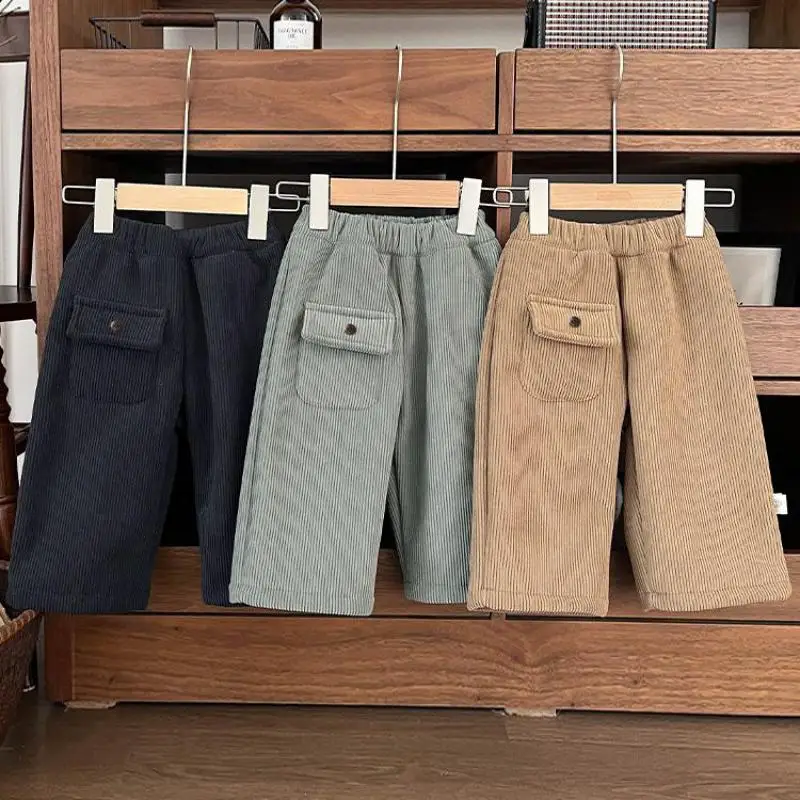 2025 Winter New Baby Fleece Corduroy Pants Kids Boys Warm Trousers Solid Infant Girl Casual Pants Loose Children Harem Pants