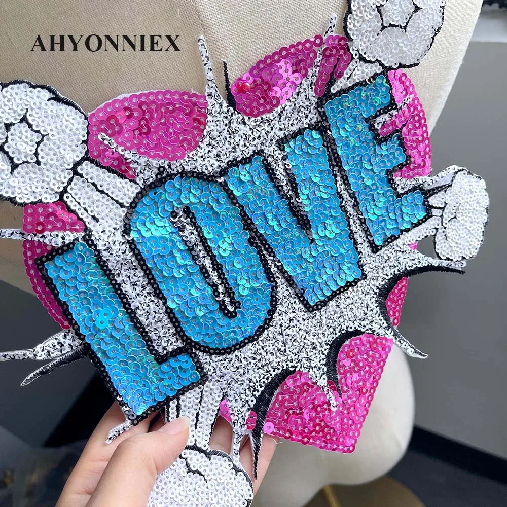 25CM X 21CM Shining LOVE Heart Embroidery Patch Sequins Patches For Clothing Applique Iron On Patches