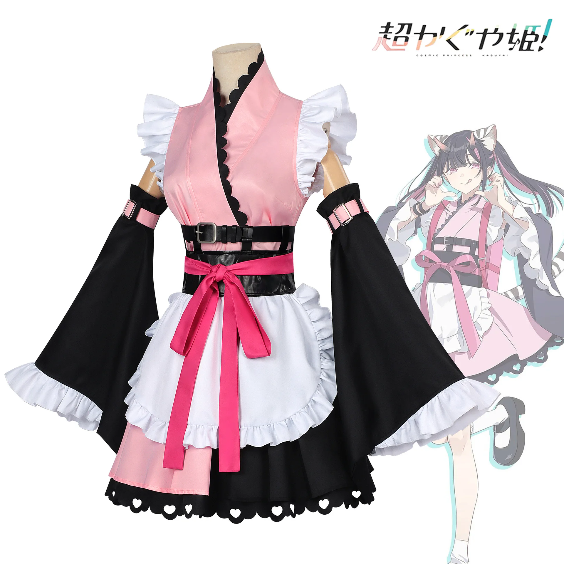 Kosazawa Noi Neko Maid Cos Outfit Pink Black Wa Lolita Kimono Dress Complete Accessories Wig For Halloween Anime Convention