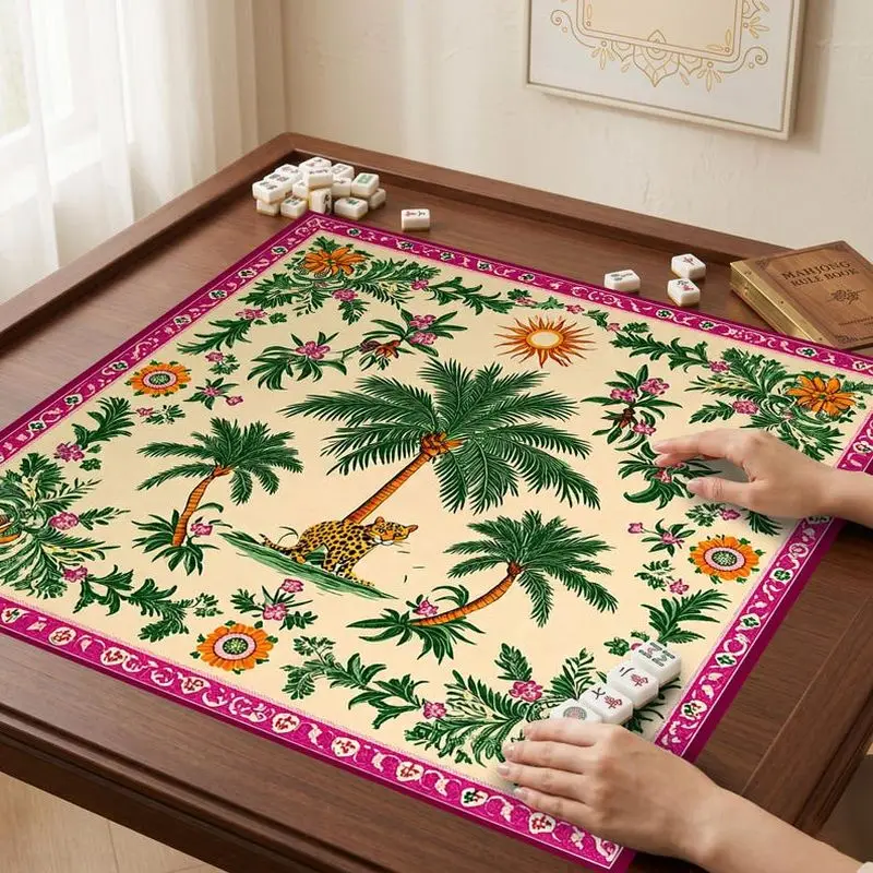 VIKAMA Tropical Palm Leopard Mahjong Mat Non Slip Noise Dampening Soft Square Pad Washable Exotic Home Decor