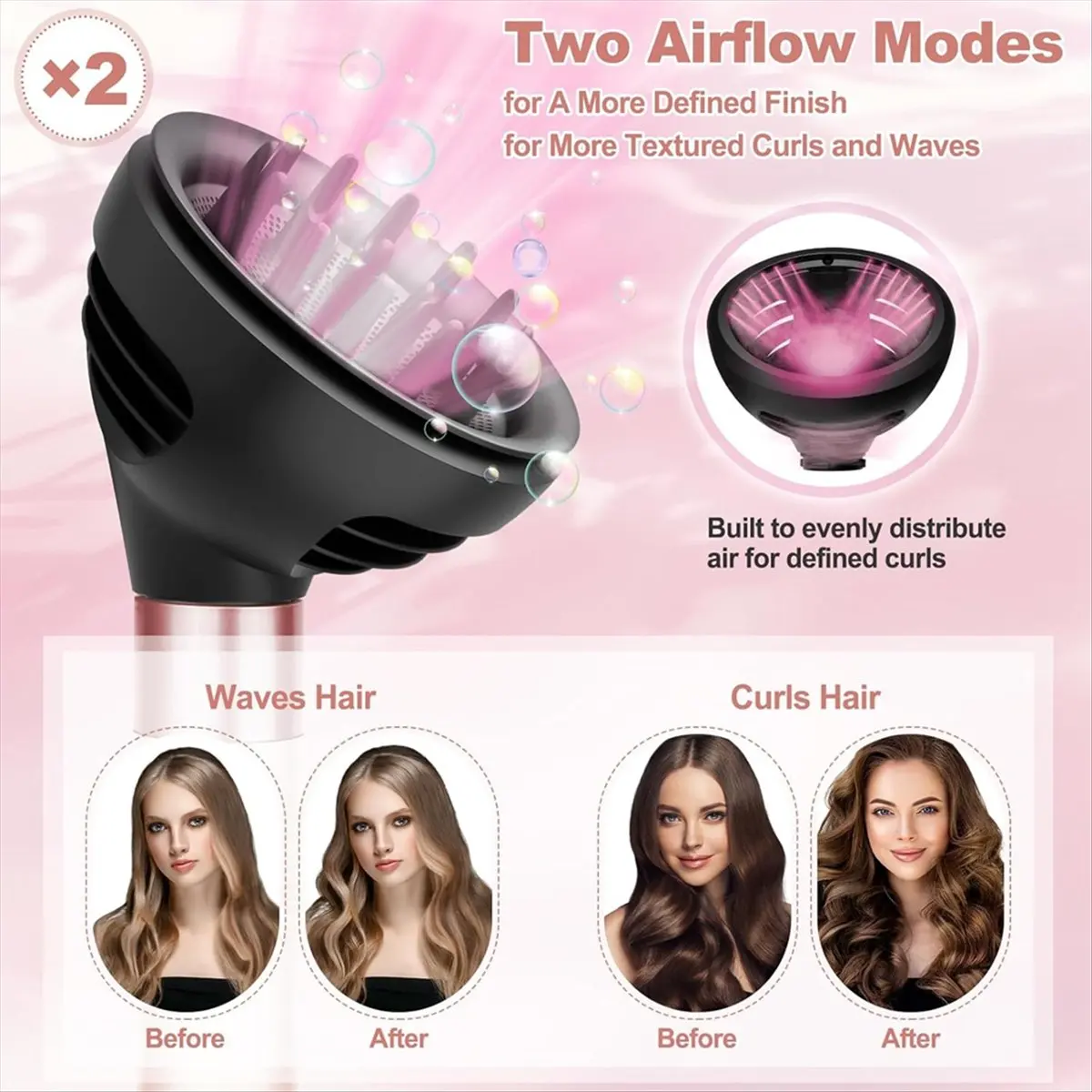 A20M Wave Curl Diffuser Black and Large Round Brush Attachment for to Enhance Curl Definition Control Wavy