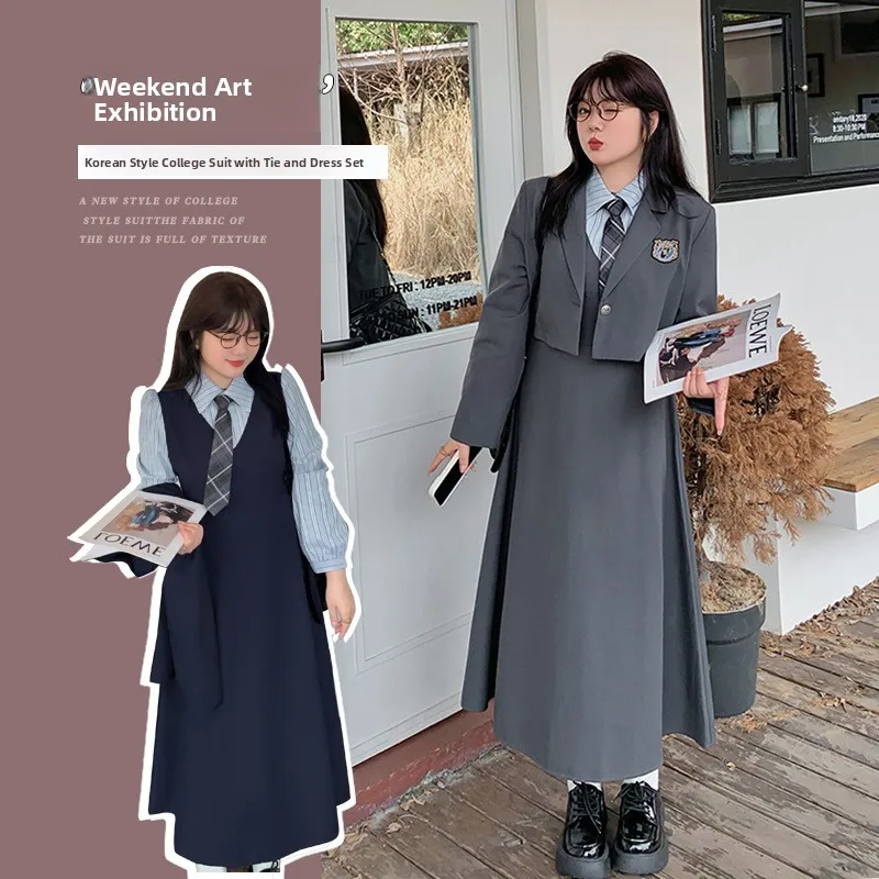 

Slimming plus Size Korean College Sle Suit Jaet Tie Fake Two-Piece Dr High Waist Long Sve irt for Women