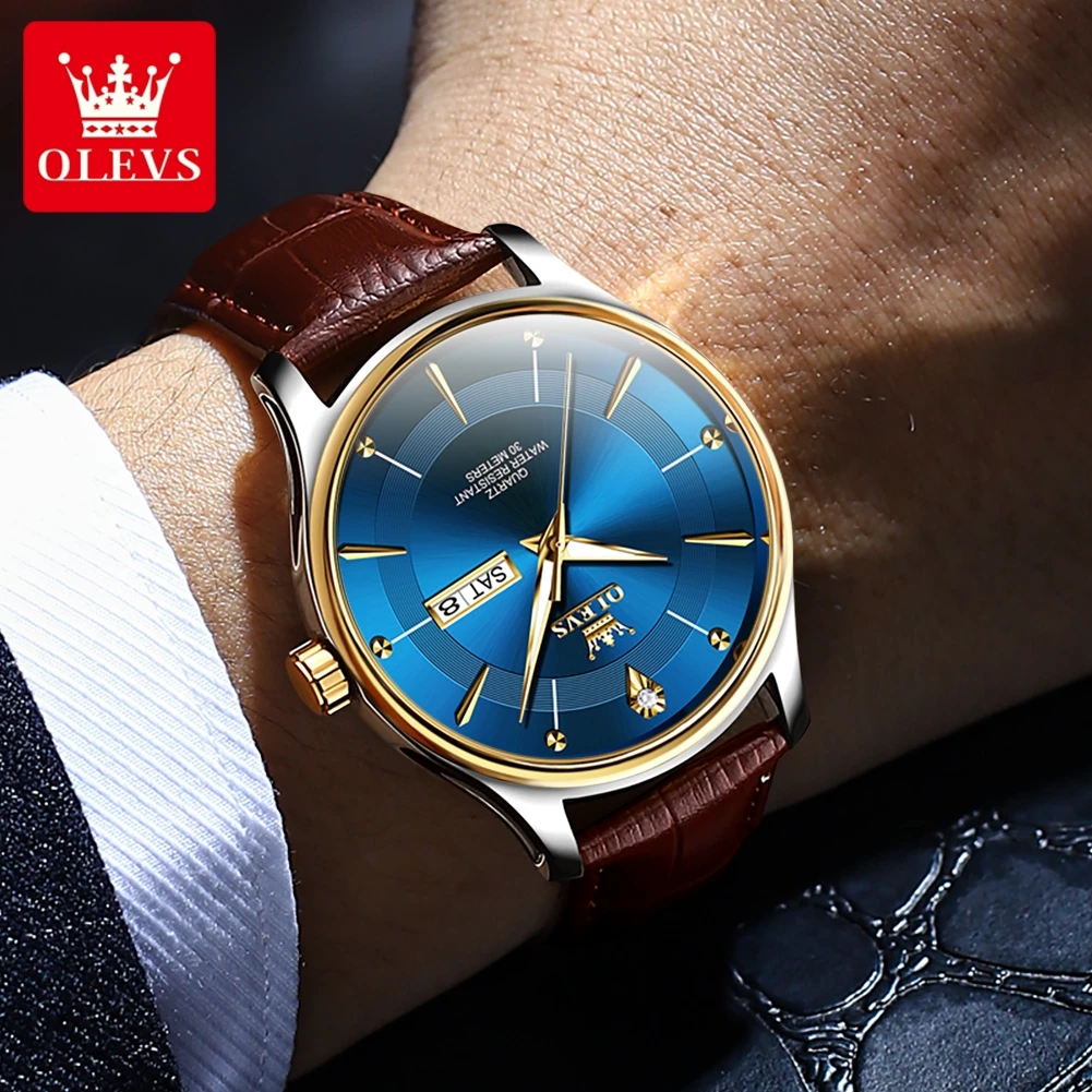 OLEVS-reloj analógico con correa de cuero para hombre, accesorio de pulsera de cuarzo resistente al agua con calendario, complemento Masculino de marca de lujo con diseño moderno y luminoso, 2024