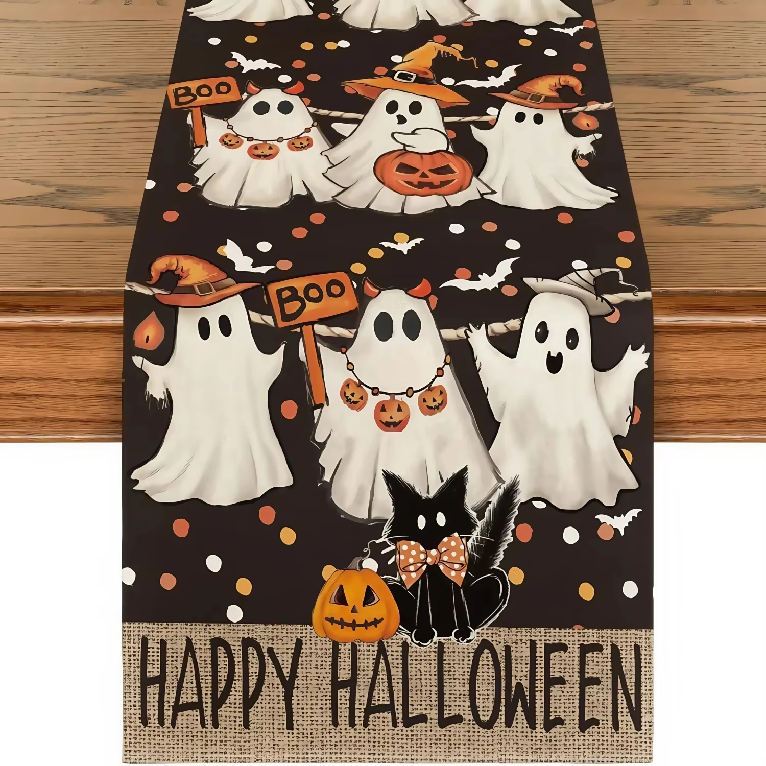 1pc Happy Halloween Ghost Black Cat Pumpkin Table Runner For Dining Sideboard Family Gathering Home Tabletop Decoration Supply
