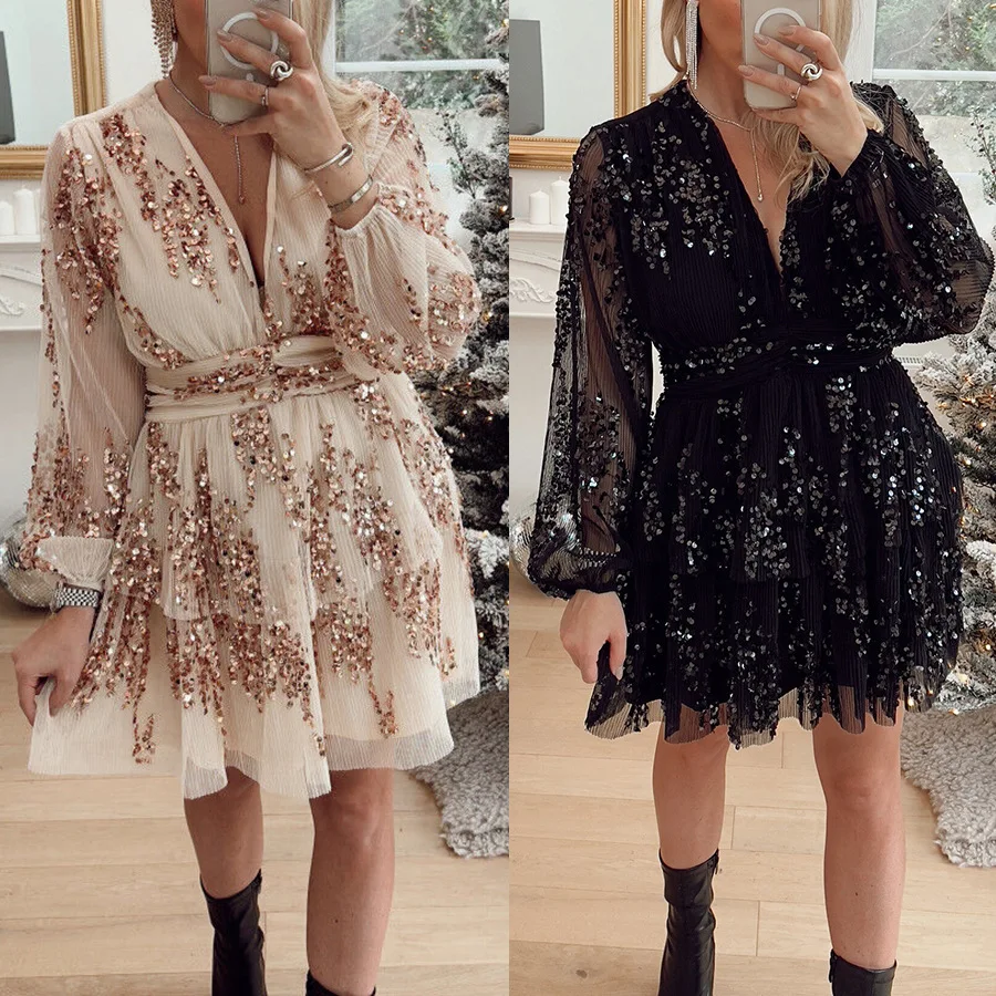 

Sequin Layered Dress for Christmas Party, Casual Loose Long Sleeves, European and American, INS, New, 2022