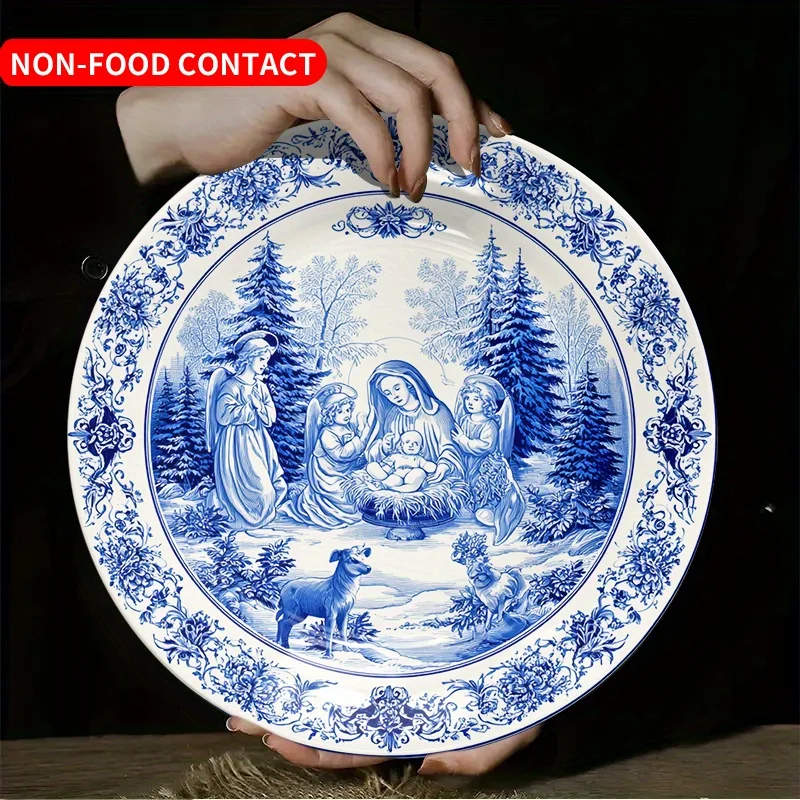 1pc Vintage Ceramic Wall Plate Compatible for Nativity Scene - Round Religious Wall Art & Jewelry Display Tray, Non-Food