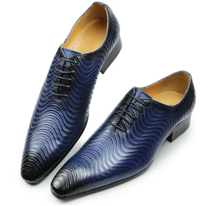 Men Shoes Luxury Oxford Shoe Genuine Leather Handmade Black Blue Prints Lace Up Pointed Toe Wedding Office Formal Dress Men Shoe