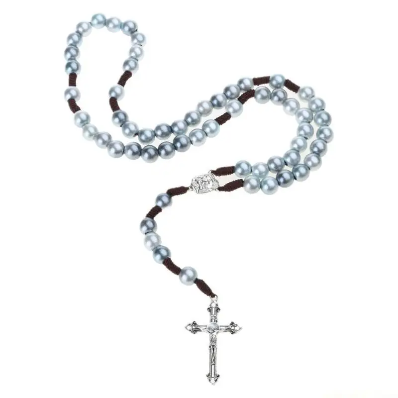 QX2E Handmade String Catholic Rosary Necklace Round Beads Religious Holy Mary Jesus for Cross Pendant Necklaces for Men Women