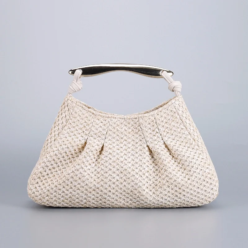 

Spring And Summer Fashion Handmade Woven Straw Bag Beach Holiday 2025 New Women Pleat Hobo Stylish Handbag Metal handle Tote Bag