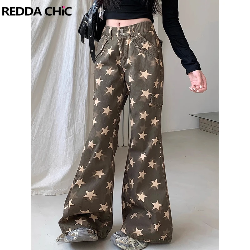 

ReddaChic Dual-button Low Rise Cargo Jeans Vintage Brown Star Print Wide Leg Pockets Bootcut Pants Grayu Y2k Women Bell Bottoms