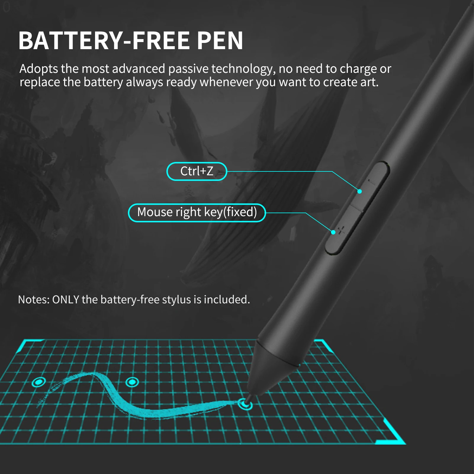 10moons Battery-free Stylus Pen 8192 Pressure Levels with With 2 Customize Keys Wireless for T503 G10 Graphic Tablet