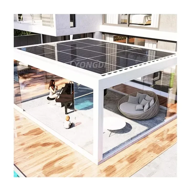 China Metal Awning Canopy Panel Mounting Waterproof Powered Outdoor Garden Glass Solar Pergola for Parking Carport Roof