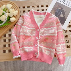 Maglioni a maniche lunghe per ragazze in stile coreano cartone animato spesso caldo Maglieria per bambini Fodera per bambina Cappotto cardigan in maglia in pile