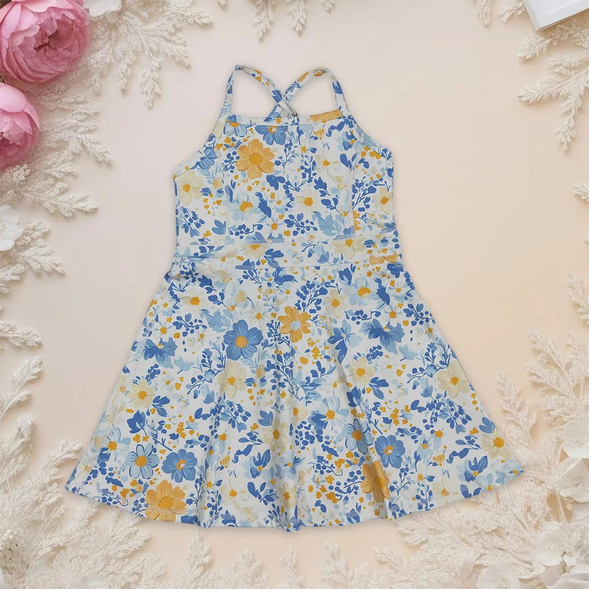 

Baby Girl Strap Colorful Flowers Yoga Active Wear Shorts Ruffle Comfortable Knee Length Dresses Kids Children Clothes Wholesale