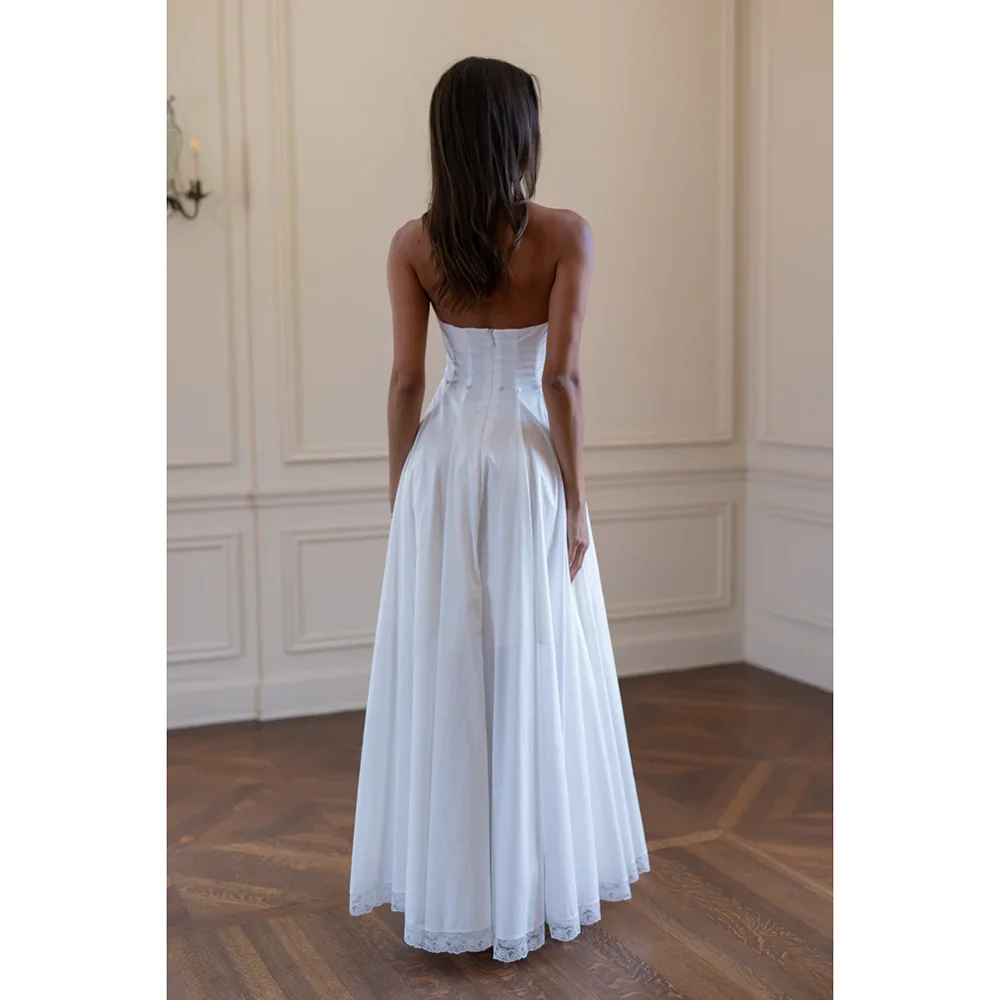 ใหม่แฟชั่นสีขาว Handmade จีบยาวชุดวันเกิดตัวแปร Strapless A-Line Graguation Gowns ที่กําหนดเอง