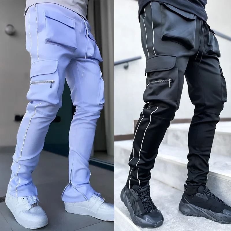 Spring And Autumn Cargo Pants Men\'s Fashion Brand Elastic Multi-bag Reflective Straight Leg Sports Fitness Casual Pants