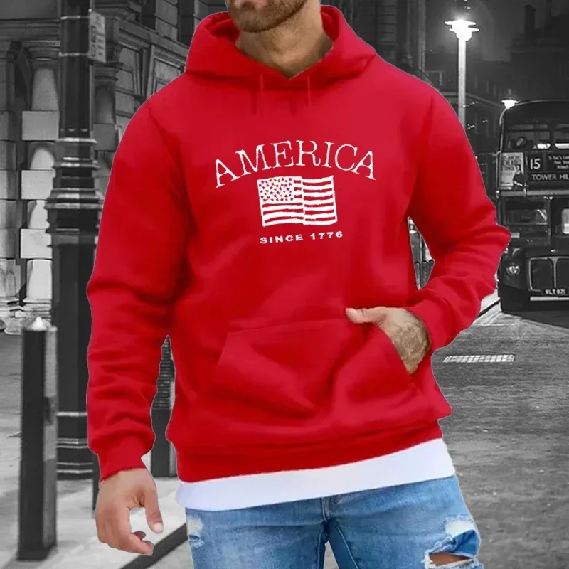 Men's America Since 1776 Letters Print Hoodies Street Style Tops Autumn Long Sleeve Sweatshirts Casual Sport Clothes