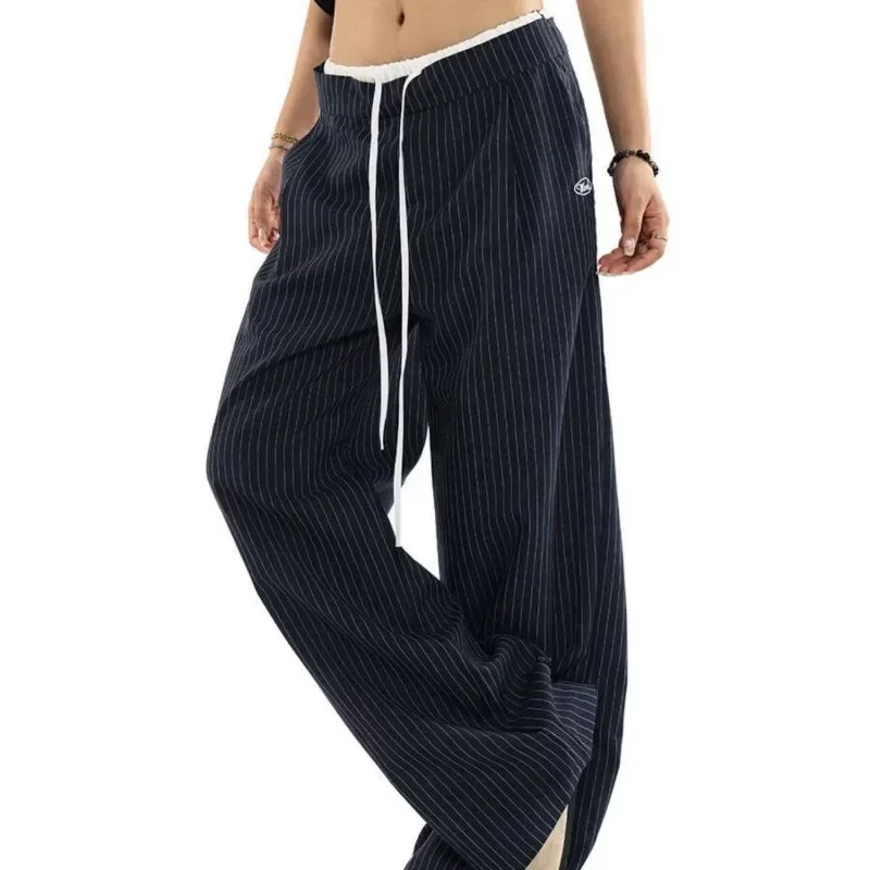 Deeptown Vintage Casual Striped Suit Pants Woman Baggy Harajuku Korean Elegant Pants America Retro Patchwork Waist Wide Trousers