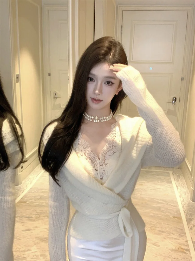 

Ele V-Ne Long Sve Knitted Open Cardigan Women's Autumn Waist-Cinching Belted Sweater Outer Gentle White Top