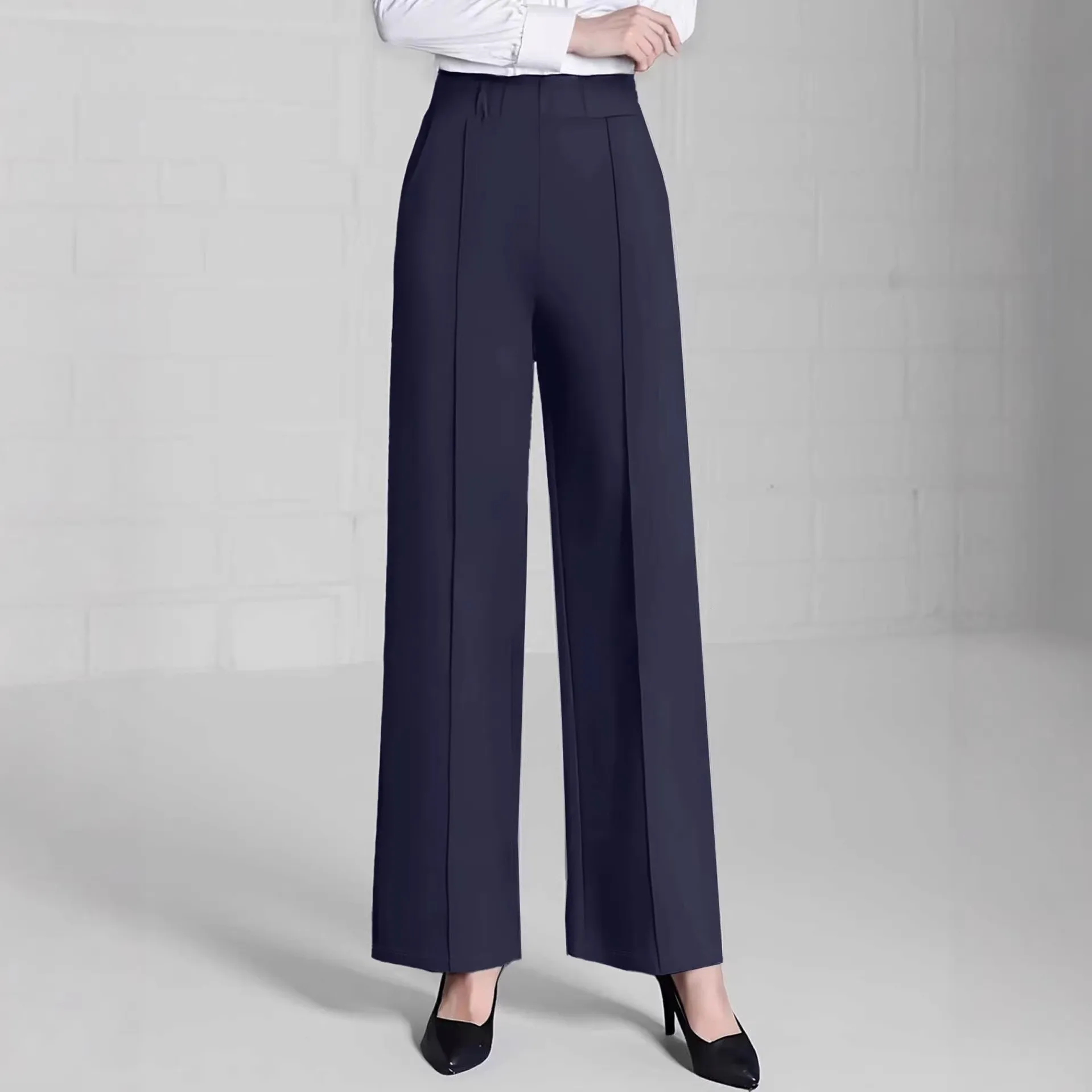 Casual Pocket Pants Full Length with Elastic Waist Seamless Slight Stretch Regular Thickness Elegant Commute Spring Women Pants