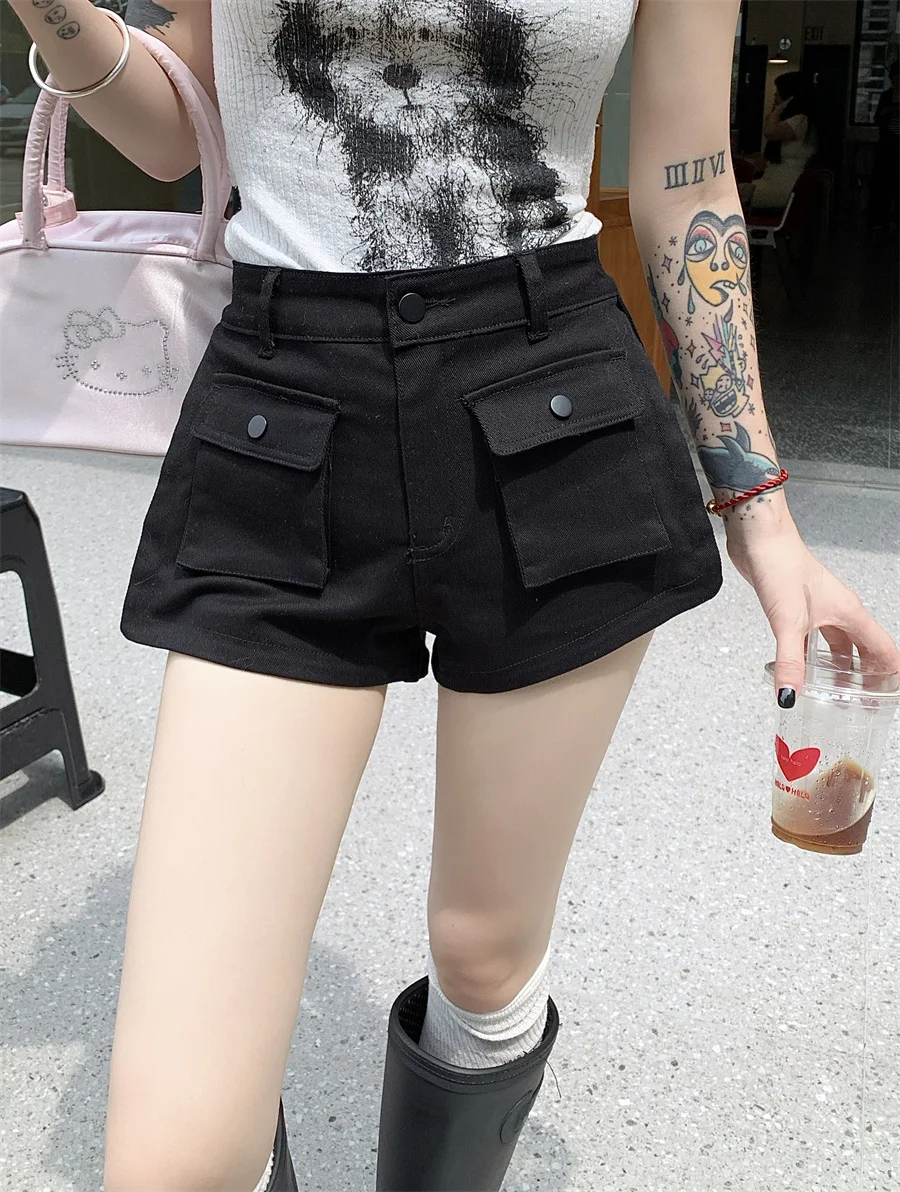 

Slergiri New black cargo denim shorts women's summer fashion streetwear high waisted loose split jean shorts female with pockets