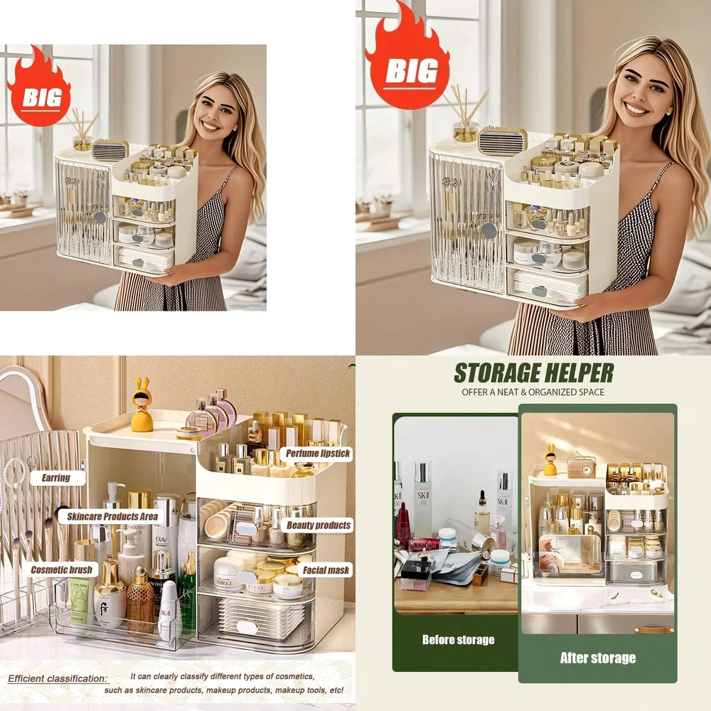 

makeup organizersMultifunctional Cosmetic Organizer Box Semi Open Large Capacity Drawer Storage for Makeup Brushes Skincare