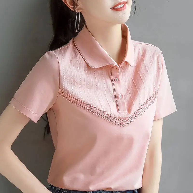 Female Tee 100℅ Cotton Button Slim T-shirts Plain Basic Women's Polo Shirts Cheap Tops Korean Style Youthful Elegant Aesthetic